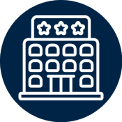 A dark blue circular icon featuring a white line drawing of a commercial building for Best View Window Cleaning.